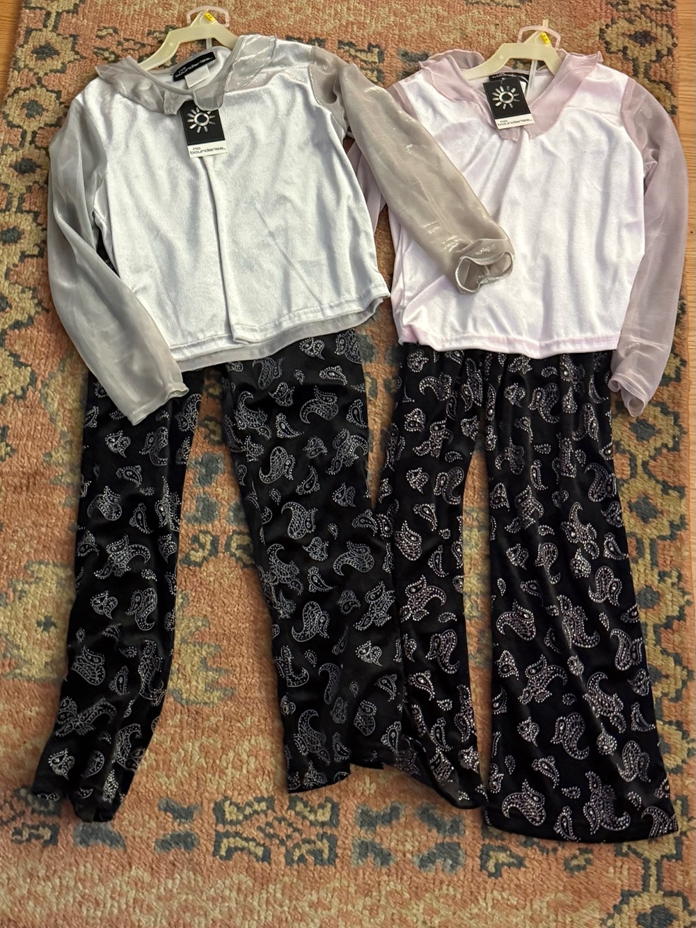 NWT -2 Girls Metallic Top & Black Paisley Pants Set - Silver and Pink